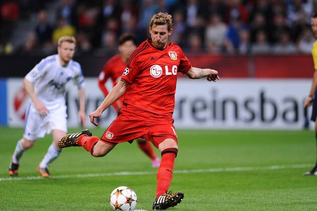 Fußball Champions League Playoff Bayer Leverkusen - FC Kopenhagen am 27.08.2014 in der BayArena in Leverkusen Stefan Kiessling ( Leverkusen ) schießt den Elfmeter zum 3:0