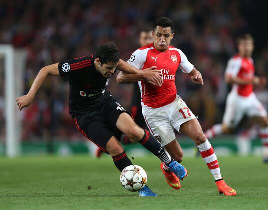 Arsenal s Alexis Sanchez tussles with Besiktas Olcay Sahan - UEFA Champions League, Play-off Second Leg - Emirates Stadium - England - 27th August 2014 - Picture David Klein Sportimage EDITORIAL USE ONLY. No use with unauthorised audio, video, data, fixture lists, club league logos or live services. Online in-match use limited to 120 images, no video emulation. No use in betting, games or single club league player publications.