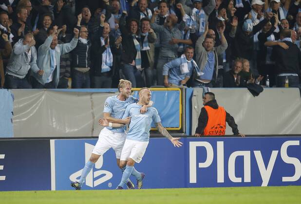SOCCER - CL, Malmoe vs RBS MALMOE,SWEDEN,27.AUG.14 - SOCCER - UEFA Champions League, play off, Malmoe FF vs Red Bull Salzburg. Image shows the rejoicing of Filip Helander and Magnus Eriksson (Malmoe). 