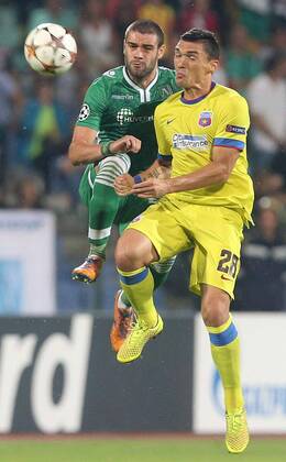 Sofia - PFC Ludogorets Razgrad FC Steaua Bukarest - UEFA play off champions league men s football Georgi Terziev(L) PFC Ludogorets and Claudiu Keseru(r) FC Steaua 
