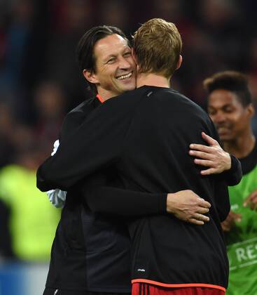 27.08.2014, Fussball, Saison 2014 15, UEFA Champions League Qualifikation, Bayer 04 Leverkusen - FC Kopenhagen Jubel Trainer Roger Schmidt (Bayer 04 Leverkusen), li., und Stefan Kiessling, Stefan Kießling (Bayer 04 Leverkusen)