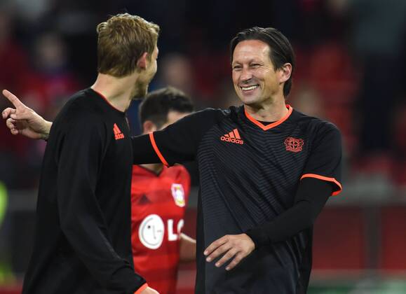 27.08.2014, Fussball, Saison 2014 15, UEFA Champions League Qualifikation, Bayer 04 Leverkusen - FC Kopenhagen Jubel Trainer Roger Schmidt (Bayer 04 Leverkusen), re., und Stefan Kiessling, Stefan Kießling (Bayer 04 Leverkusen)