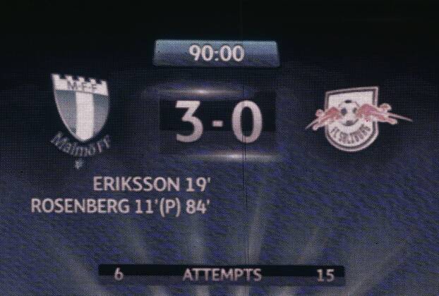 SOCCER - CL, Malmoe vs RBS MALMOE,SWEDEN,27.AUG.14 - SOCCER - UEFA Champions League, play off, Malmoe FF vs Red Bull Salzburg. Image shows a scoreboard. 