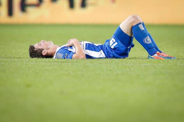 GENT, BELGIUM: Gent s Brecht Dejaegere looks dejected after the Jupiler Pro League match between KAA Gent and KV Kortrijk, in Gent, Friday 29 August 2014, on the sixth day of the Belgian soccer championship. BRUNOxFAHY 04293452