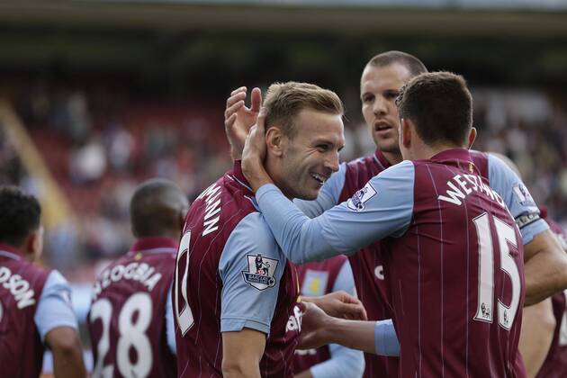 Andreas Weimann of Aston Villa celebrates scoring the second goal of the game - Football - Aston Villa v Hull City - Barclays Premiership - Villa Park Birmingham - Season 14 15 - 31 8 14 - EDITORIAL USE ONLY. No use with unauthorised audio, video, data, fixture lists, club league logos or live services. Online in-match use limited to 120 images, no video emulation. No use in betting, games or single club league player publications.