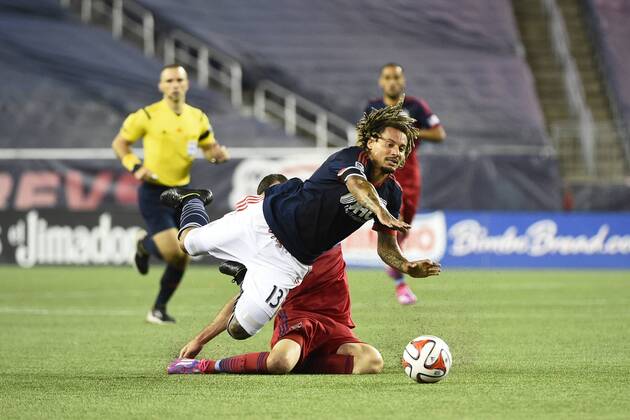 Sept. 7, 2014 - Foxborough, Massachusetts, USA - September 7, 2014 - Foxborough, Massachusetts, U.S. - Chicago Fire midfielder Razvan Cocis (30) cuts off New England Revolution s Jermaine Jones (13) during the MLS Fussball Herren USA game between Chicago Fire and the New England Revolution held at Gillette Stadium in Foxborough Massachusetts. Eric Canha CSM MLS Fussball Herren USA 2014: Fire vs Revolution SEP 07 - ZUMAc04