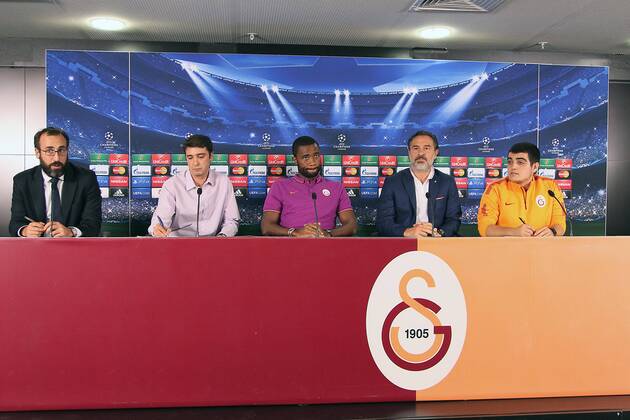 Galatasaray Football Club head coach Cesare Prandelli and Player Aurelien Chedjou during the press conference UEFA Champions League soccer match between Galatasaray and Anderlect in Istanbul 15 september 2014. 