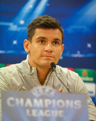 PROPAGANDA20140915 Football - soccer: UEFA Champions League, Liverpool FC , Liverpool s Dejan Lovren during a press conference at Anfield.xHOCHxZWEIx xPropagandax 