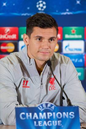 PROPAGANDA20140915 Football - soccer: UEFA Champions League, Liverpool FC , Liverpool s Dejan Lovren during a press conference at Anfield .xHOCHxZWEIx xPropagandax 