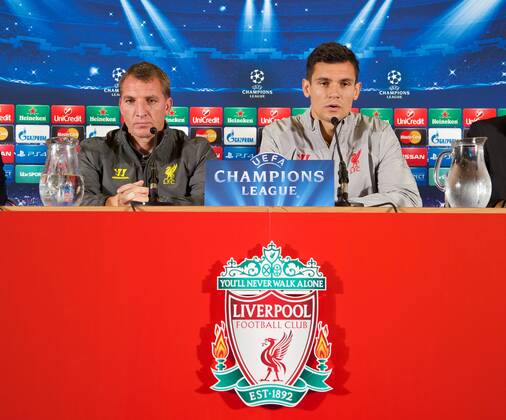 PROPAGANDA20140915 Football - soccer: UEFA Champions League, Liverpool FC , Liverpool s manager Brendan Rodgers and Dejan Lovren during a press conference at Anfield .xHOCHxZWEIx xPropagandax 