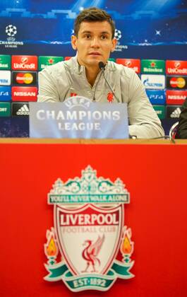 PROPAGANDA20140915 Football - soccer: UEFA Champions League, Liverpool FC , Liverpool s Dejan Lovren during a press conference at Anfield .xHOCHxZWEIx xPropagandax 
