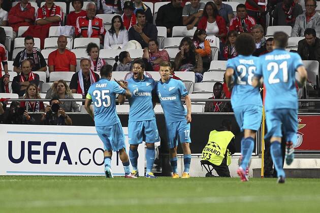 Zenit forward Hulk (C) celebrates after scoring a goal during a soccer match between Portugal s SL Benfica and Russian s FC Zenit for the group stage of the UEFA Champions League, in Benfica s Luz Stadium in Lisbon, Portugal, on September 16, 2014. Photo by Pedro Nunes Portugal: UEFA Champions League: Benfica Vs Zenit 