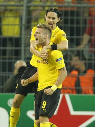 Ciro IMMOBILE, BVB 9 Torschuss, schiesst das Tor zum 1-0 Jubel mit Neven SUBOTIC, BVB 4 BORUSSIA DORTMUND - FC ARSENAL Fussball UEFA Champions League, Gruppe D Gruppenphase,in Dortmund, 16.09.2014 CL Saison 2014 2015, BVB