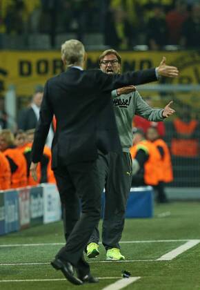 16.09.2014, Fussball Championsleague 2014 2015, Vorrunde, 1.Spieltag, Borussia Dortmund - Arsenal London, im Signal-Iduna-Park-Stadion Dortmund. v.l. Trainer Arsene Wenger (FC Arsenal) und Trainer Jürgen Klopp (Dortmund) 