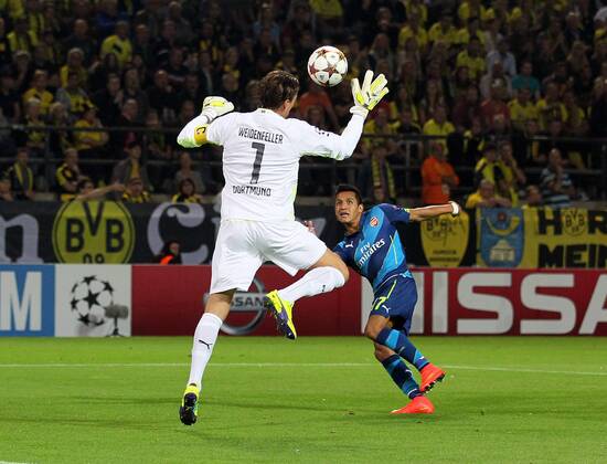 Arsenal s Alexis Sanchez sees his goal disallowed for offside - Champions League Group D - Borussia Dortmund vs Arsenal London - Signal Iduna Park - Germany - 16th September 2014 - EDITORIAL USE ONLY. No use with unauthorised audio, video, data, fixture lists, club league logos or live services. Online in-match use limited to 120 images, no video emulation. No use in betting, games or single club league player publications.