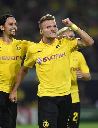 16.09.2014, Fussball, Saison 2014 15, UEFA Champions League, Vorrunde, Borussia Dortmund - Arsenal London Jubel Ciro Immobile (Borussia Dortmund), re., und Neven Subotic (Borussia Dortmund)