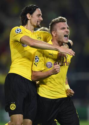 16.09.2014, Fussball, Saison 2014 15, UEFA Champions League, Vorrunde, Borussia Dortmund - Arsenal London Jubel Ciro Immobile (Borussia Dortmund), re., und Neven Subotic (Borussia Dortmund)
