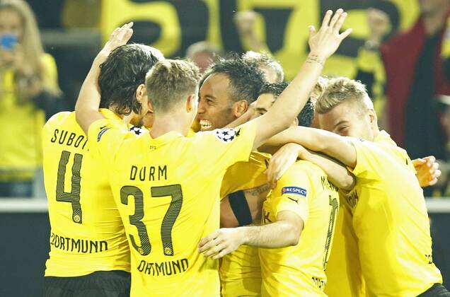 Pierre-Emerick Aubameyang , BVB 17 Torschuss, schiesst das Tor zum 2-0 Torjubel, Jubel nach dem Tor mit Matthias GINTER, BVB 28 Henrikh MKHITARYAN, BVB 10 Ciro IMMOBILE, BVB 9 BORUSSIA DORTMUND - FC ARSENAL Fussball UEFA Champions League, Gruppe D Gruppenphase,in Dortmund, 16.09.2014 CL Saison 2014 2015, BVB