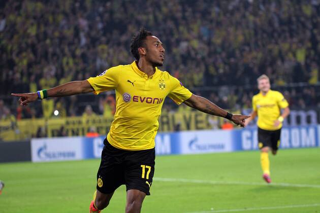 16.09.2014, xsvx, Fussball Champions League, Borussia Dortmund - Arsenal London, v.l. Torjubel nach dem Tor zum celebrating the goal celebrate 2:0 Pierre-Emerick Aubameyang (Borussia Dortmund)
