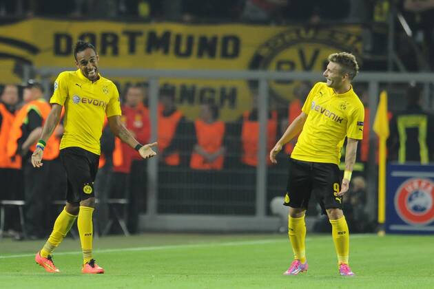 Dortmund, Deutschland 16. September 2014: Champions League 14 15 - Borussia Dortmund vs. FC Arsenal. Jubel Torjubel Torschütze Torschütze Pierre-Emerick Aubameyang (Dortmund) jubelt nach seinem Tor zum 2:0 mit Ciro Immobile (Dortmund). mt