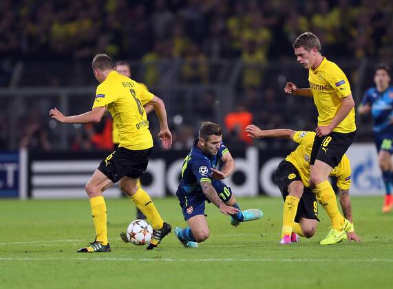 Dortmund s Sven Bender and Matthias Ginter tackle Arsenal s Jack Wilshere - Champions League Group D - Borussia Dortmund vs Arsenal London - Signal Iduna Park - Germany - 16th September 2014 - EDITORIAL USE ONLY. No use with unauthorised audio, video, data, fixture lists, club league logos or live services. Online in-match use limited to 120 images, no video emulation. No use in betting, games or single club league player publications.