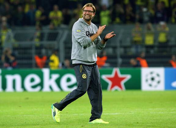 Trainer Juergen Jürgen Klopp Einzelbild Aktion Gestik Jubel Freude Emotion BVB Borussia Dortmund - FC Arsenal London Championsleague Gruppenphase 16.09.2014 Fußball Fussball Signal Iduna Park Dortmund Herren Saison 2014 2015