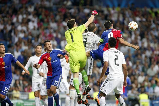 Iker Casillas, Varane of Real Madrid and Streller of FC Basel 1893 during the Champions League group B soccer match between Real Madrid and FC Basel 1893 at Santiago Bernabeu Stadium in Madrid, Spain. September 16, 2014.  (20423454)