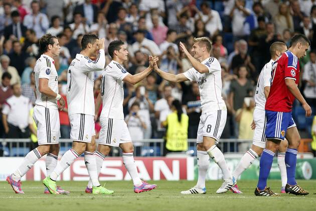 James Rodriguez, Cristiano Ronaldo, Sergio Ramos, Luka Modric and Marcelo of Real Madrid during the Champions League group B soccer match between Real Madrid and FC Basel 1893 at Santiago Bernabeu Stadium in Madrid, Spain. September 16, 2014.  (20423519)