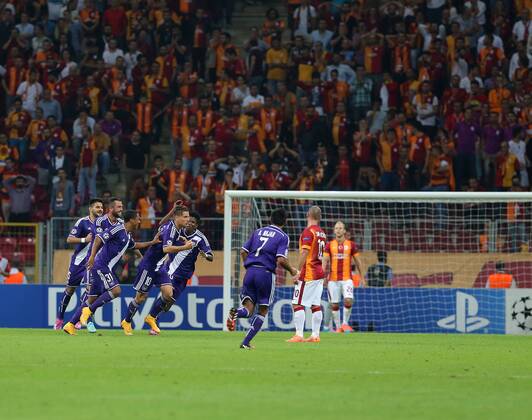 UEFA Champions League Group D match between Galatasaray AS v RSC Anderlecht at Turk Telekom Arena in Istanbul, Turkey on September 16, 2014. Score: Galatasaray 1 - Anderlecht 1 Pictured: Anderlecht players celebrate after their goal. 