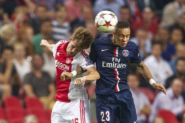(L-R) Lucas Andersen of Ajax, Gregory van der Wiel of Paris Saint-Germain during the UEFA Champions League group F match between Ajax Amsterdam and Paris Saint-Germain on September 17, 2014 at the Amsterdam Arena in Amsterdam, The Netherlands. Ajax Amsterdam v PSG UEFA Champions League Group F 2014 2015 xVIxxIVx 2655027