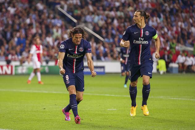(L-R) Edinson Cavani of Paris Saint-Germain, Zlatan Ibrahimovic of Paris Saint-Germain during the UEFA Champions League group F match between Ajax Amsterdam and Paris Saint-Germain on September 17, 2014 at the Amsterdam Arena in Amsterdam, The Netherlands. Ajax Amsterdam v PSG UEFA Champions League Group F 2014 2015 xVIxxIVx 2655055