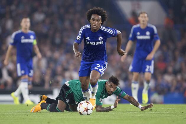 Willian of Chelsea in action - Chelsea vs. Schalke 04 - UEFA Champions League - Stamford Bridge - London - 17 09 2014 Pic Philip Oldham Sportimage EDITORIAL USE ONLY. No use with unauthorised audio, video, data, fixture lists, club league logos or live services. Online in-match use limited to 120 images, no video emulation. No use in betting, games or single club league player publications.
