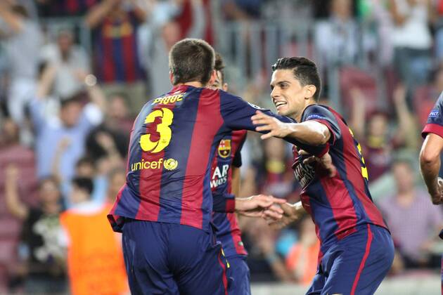 17.09.2014. Barcelona, Spain. Champions league Group F. Barcelona versus Apoel. Pique celebrating his goal with Bartra (R) xAngelxBoludax  ActionPlus19090426