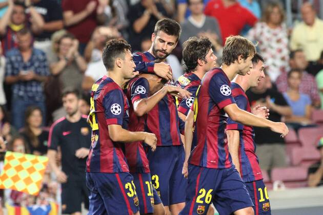 17.09.2014. Barcelona, Spain. Champions league Group F. Barcelona versus Apoel. Pique s goal celebration for Barca xAngelxBoludax  ActionPlus19090427