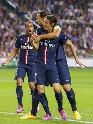 (L-R) Lucas of Paris Saint-Germain, Zlatan Ibrahimovic of Paris Saint-Germain, Edinson Cavani of Paris Saint-Germain during the UEFA Champions League group F match between Ajax Amsterdam and Paris Saint-Germain on September 17, 2014 at the Amsterdam Arena in Amsterdam, The Netherlands. Ajax Amsterdam v PSG UEFA Champions League Group F 2014 2015 xVIxxIVx 2655303