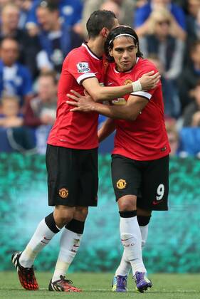 Angel Di Maria of Manchester United celebrates with Radamel Falcao of Manchester United - Premier League - Leicester City vs Manchester United (ManU) EDITORIAL USE ONLY. No use with unauthorised audio, video, data, fixture lists, club league logos or live services. Online in-match use limited to 120 images, no video emulation. No use in betting, games or single club league player publications.
