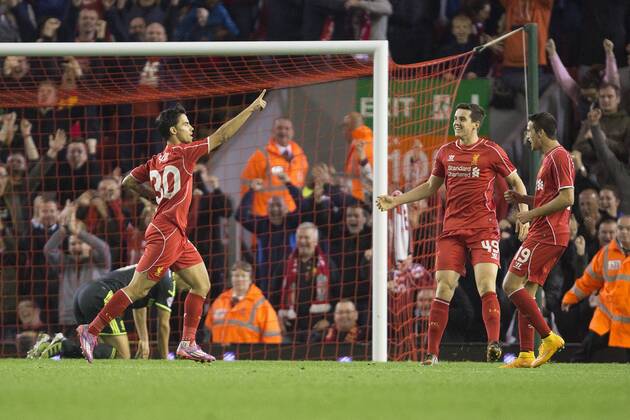 Suso of Liverpool celebrates his goal - Liverpool vs. Middlesbrough - Capital One League Cup - Anfield - Liverpool - 23 09 2014 Pic Philip Oldham Sportimage EDITORIAL USE ONLY. No use with unauthorised audio, video, data, fixture lists, club league logos or live services. Online in-match use limited to 120 images, no video emulation. No use in betting, games or single club league player publications.