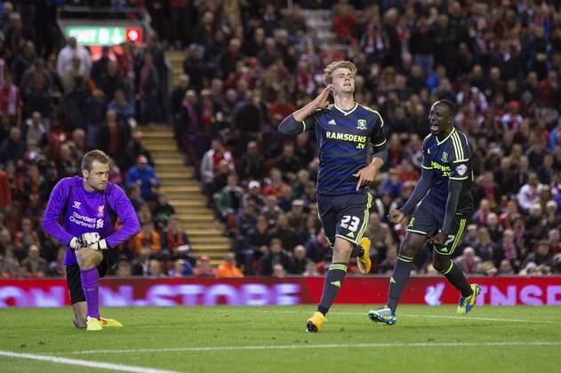 Patrick Bamford of Middlesbrough celebrates his goal - Liverpool vs. Middlesbrough - Capital One League Cup - Anfield - Liverpool - 23 09 2014 Pic Philip Oldham Sportimage EDITORIAL USE ONLY. No use with unauthorised audio, video, data, fixture lists, club league logos or live services. Online in-match use limited to 120 images, no video emulation. No use in betting, games or single club league player publications.