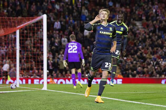 Patrick Bamford of Middlesbrough celebrates his goal - Liverpool vs. Middlesbrough - Capital One League Cup - Anfield - Liverpool - 23 09 2014 Pic Philip Oldham Sportimage EDITORIAL USE ONLY. No use with unauthorised audio, video, data, fixture lists, club league logos or live services. Online in-match use limited to 120 images, no video emulation. No use in betting, games or single club league player publications.