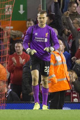 Simon Mignolet of Liverpool celebrates victory - Liverpool vs. Middlesbrough - Capital One League Cup - Anfield - Liverpool - 23 09 2014 Pic Philip Oldham Sportimage EDITORIAL USE ONLY. No use with unauthorised audio, video, data, fixture lists, club league logos or live services. Online in-match use limited to 120 images, no video emulation. No use in betting, games or single club league player publications.