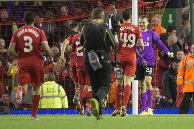 Simon Mignolet of Liverpool celebrates victory with team mates - Liverpool vs. Middlesbrough - Capital One League Cup - Anfield - Liverpool - 23 09 2014 Pic Philip Oldham Sportimage EDITORIAL USE ONLY. No use with unauthorised audio, video, data, fixture lists, club league logos or live services. Online in-match use limited to 120 images, no video emulation. No use in betting, games or single club league player publications.