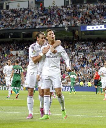 League BBVA match played between Real Madrid and FC Elche. In this picture, Cristiano Ronaldo and Gareth Bale celebrate one of their goals. xBEATRIZxGUZMANx