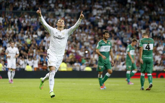 League BBVA match played between Real Madrid and FC Elche. In this picture, Cristiano Ronaldo celebrates one of their goals. xJOSExA.xGARCIAx