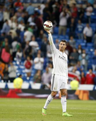 League BBVA match played between Real Madrid and FC Elche. In this picture, Cristiano Ronaldo holds the ball after their four goals. xJOSExA.xGARCIAx
