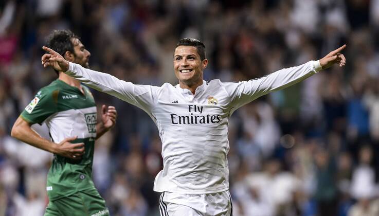 League BBVA match played between Real Madrid and FC Elche. In this picture, Cristiano Ronaldo celebrates one of their goals. xDIEGOxGxSOUTOx