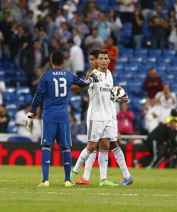 League BBVA match played between Real Madrid and FC Elche. In this picture, Cristiano Ronaldo celebrates with Keylor Navas. xBEATRIZxGUZMANx