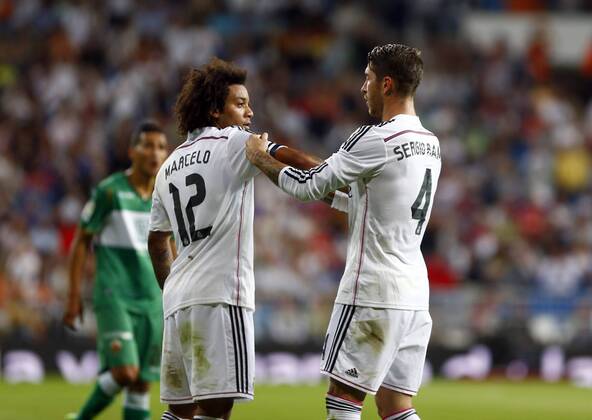 League BBVA match played between Real Madrid and FC Elche. In this picture, Marcelo and Sergio Ramos. xBEATRIZxGUZMANx