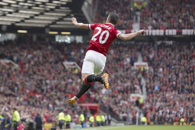 Robin van Persie of Manchester United celebrates his sides second goal - Manchester United vs. West Ham United - Barclay s Premier League - Old Trafford - Manchester - 27 09 2014 Pic Philip Oldham Sportimage EDITORIAL USE ONLY. No use with unauthorised audio, video, data, fixture lists, club league logos or live services. Online in-match use limited to 120 images, no video emulation. No use in betting, games or single club league player publications.