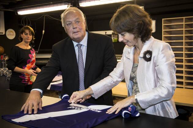 - ANDERLECHT, BELGIUM: Anderlecht chairman Roger Vanden Stock and Belgacom CEO Dominique Leroy pictured during a press conference to present the new outfit for Champions League of soccer team RSC Anderlecht, Monday 29 September 2014, in Anderlecht, Brussels. JASPERxJACOBS  premiumd 24243
