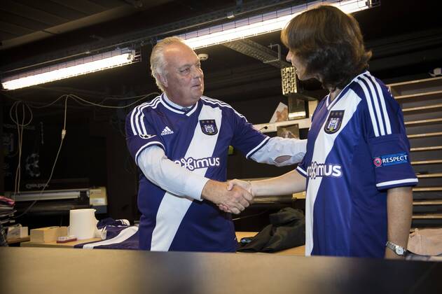 - ANDERLECHT, BELGIUM: Anderlecht chairman Roger Vanden Stock and Belgacom CEO Dominique Leroy pictured during a press conference to present the new outfit for Champions League of soccer team RSC Anderlecht, Monday 29 September 2014, in Anderlecht, Brussels. JASPERxJACOBS  premiumd 24246